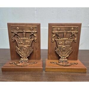 Vintage Waterloo University Wooden Bookends with Bronze Crest Plaques